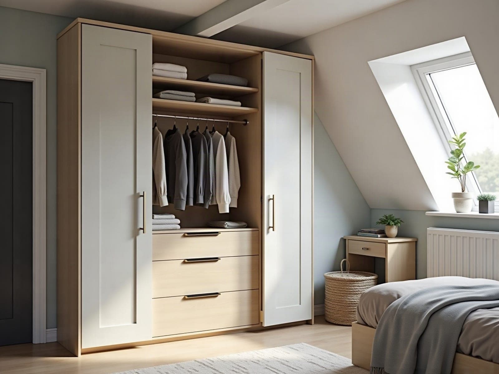 Dressing sur mesure intégré sous une pente de toit avec tiroirs et étagères ajustés