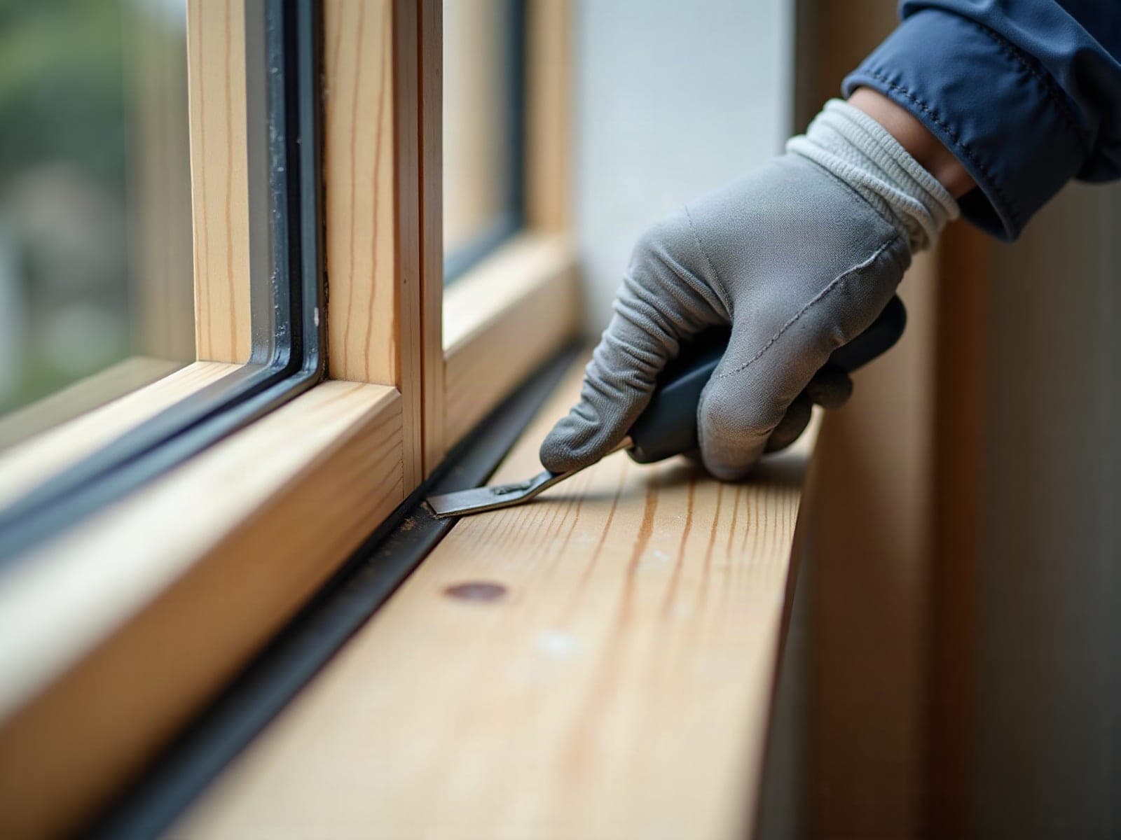 Détail d'une feuillure et d'un joint de calfeutrement sur une fenêtre neuve en cours de pose
