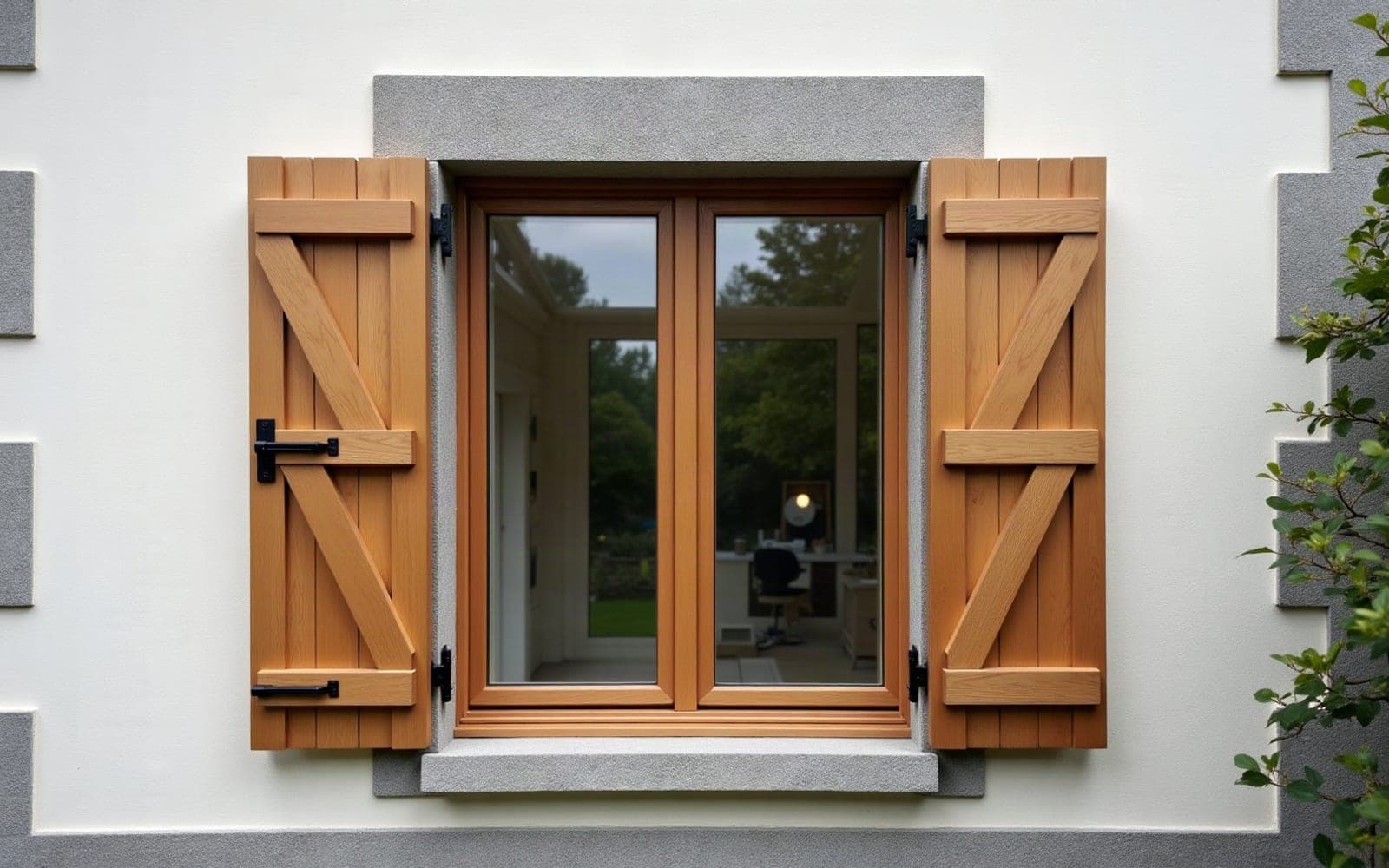 Fenêtre bois posée en applique sur une façade quimpéroise, volets battants ouverts de part et d'autre