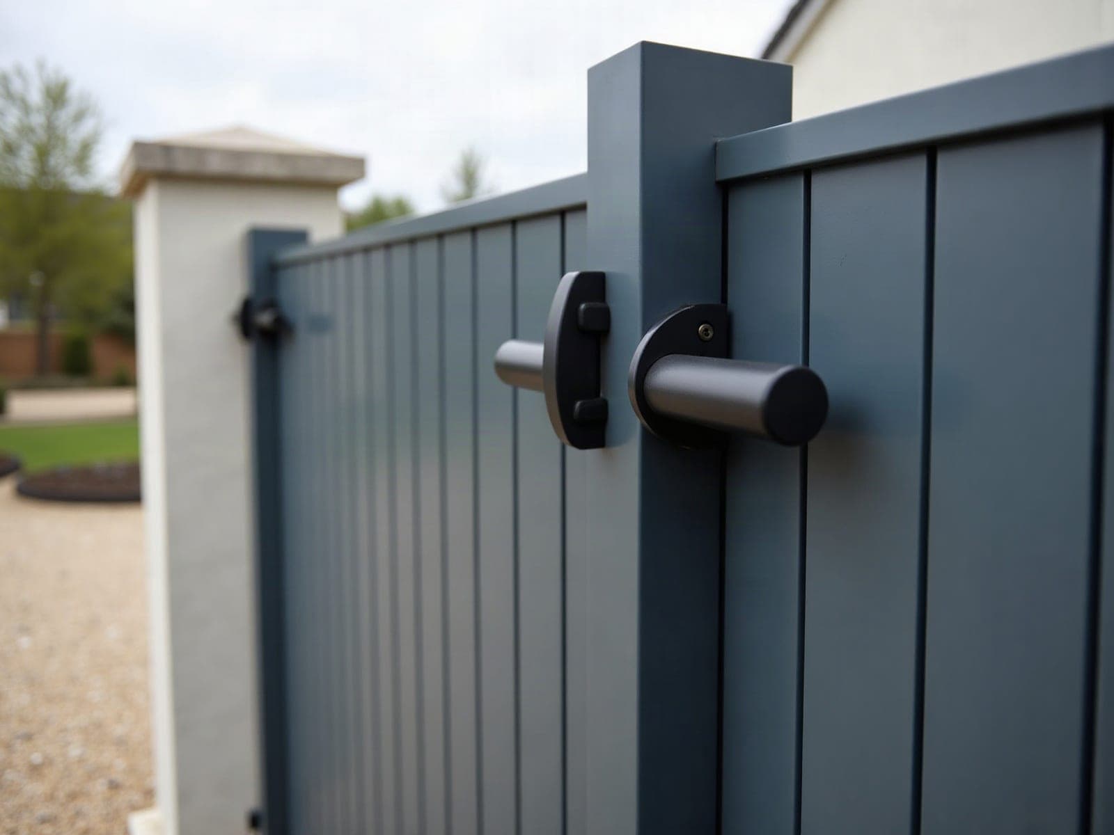 Détail des gonds et de la ferrure d'un portail préparé pour la motorisation