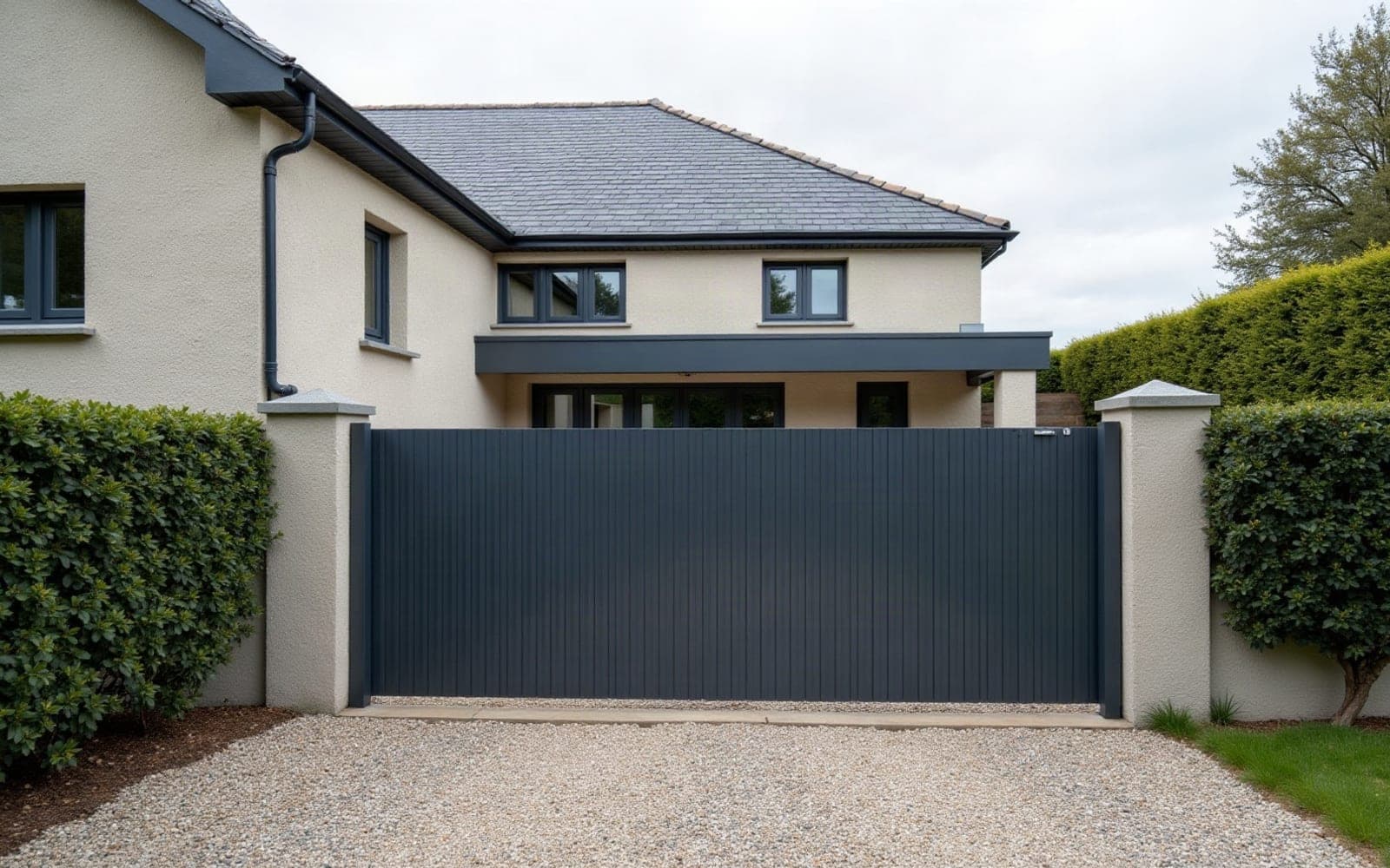 Portail en aluminium à claire-voie et porte d'entrée assortie sur une propriété quimpéroise