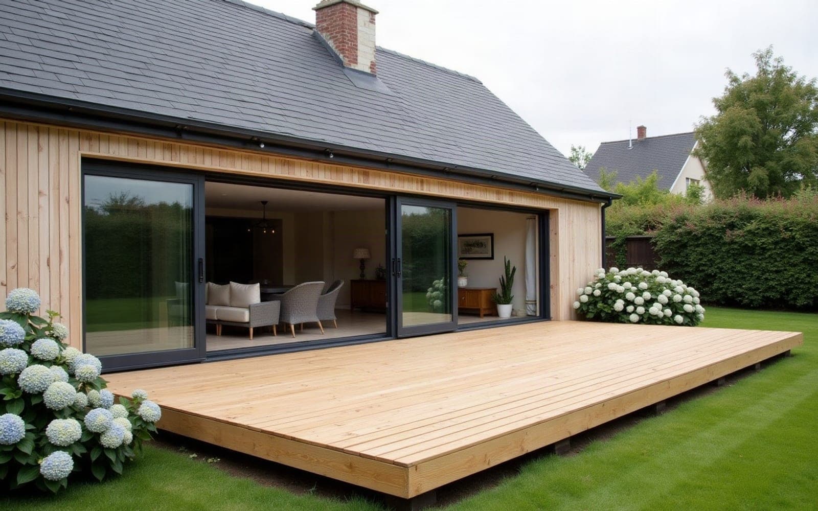 Terrasse en bois posée sur plots avec claire-voie assortie sur une maison à Quimper