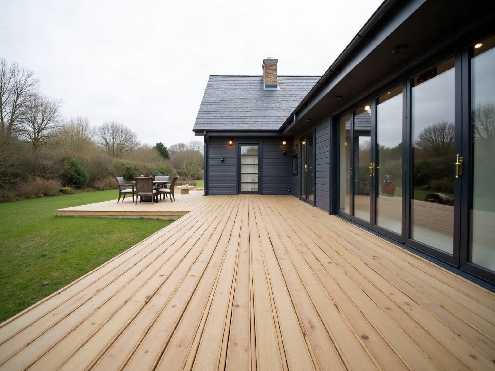 Terrasse en bois installée dans un jardin rural