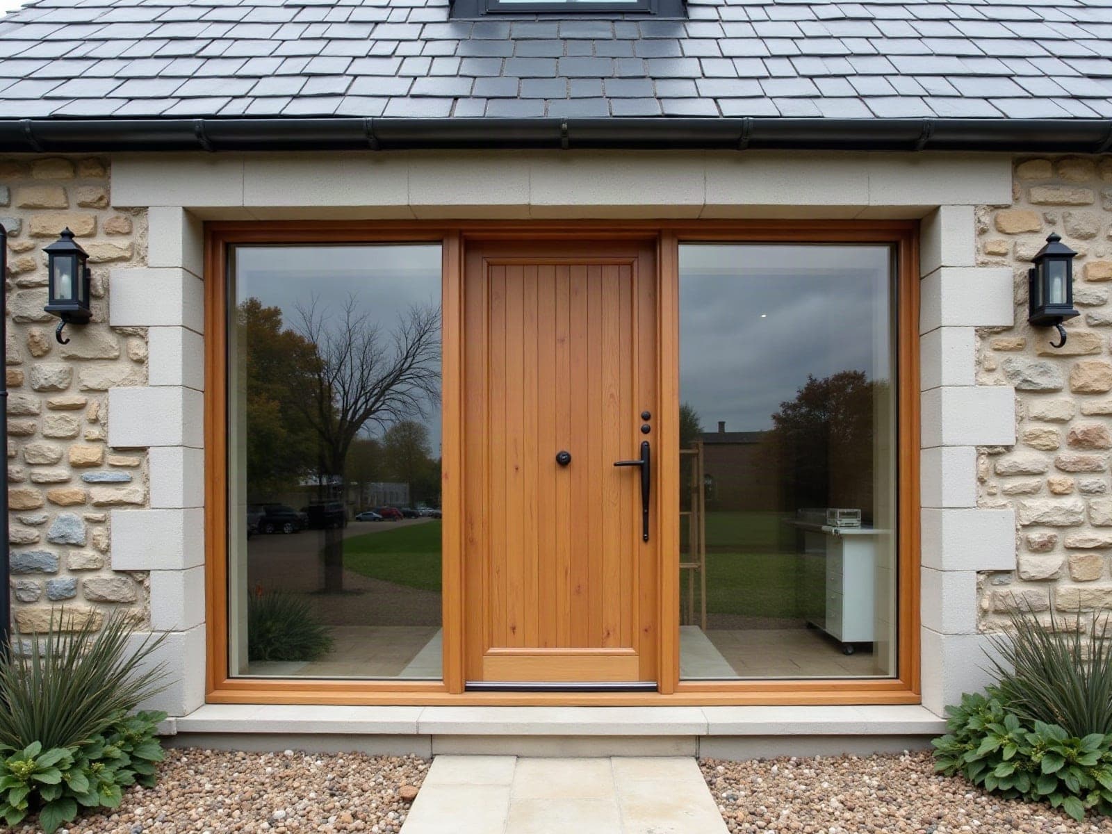 Porte d'entrée en bois massif rénovée sur une maison de pierre