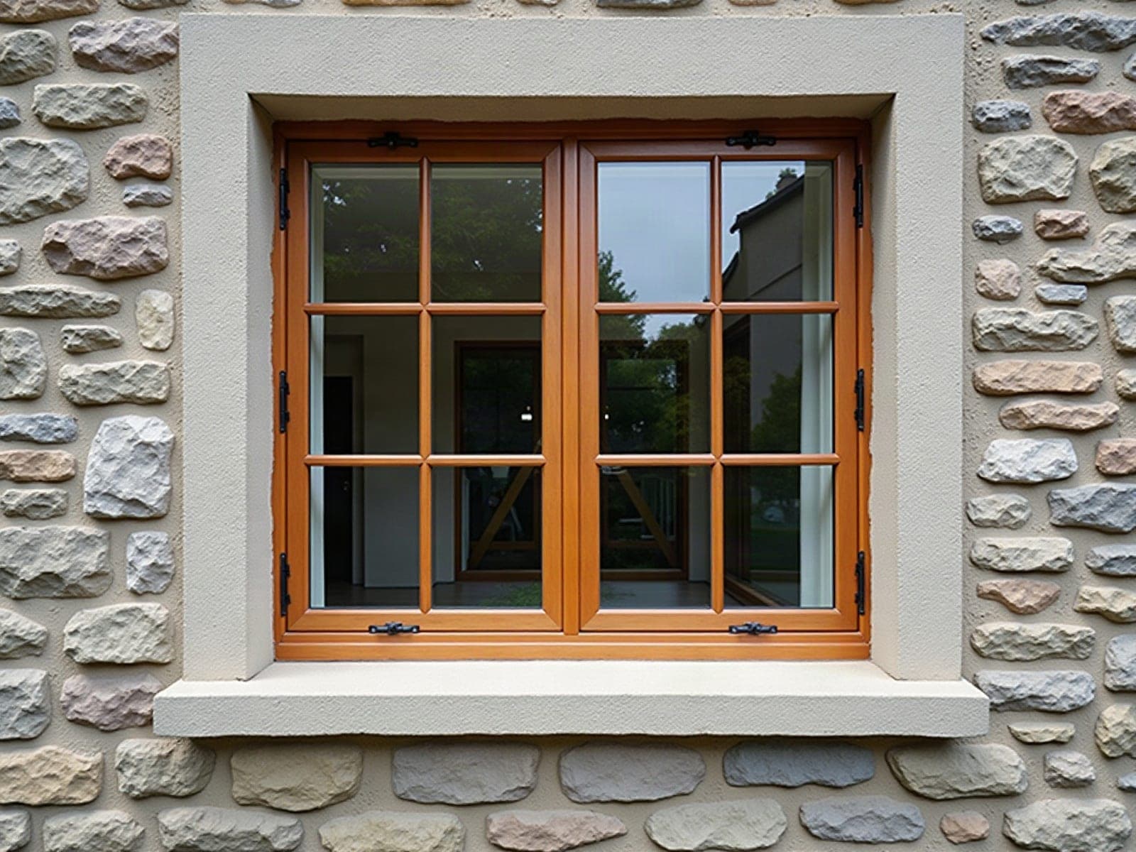 Fenêtre en bois restaurée sur une façade de granit