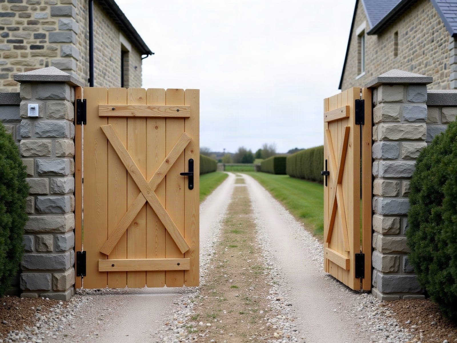 Portail en bois posé à l'entrée d'une propriété rurale