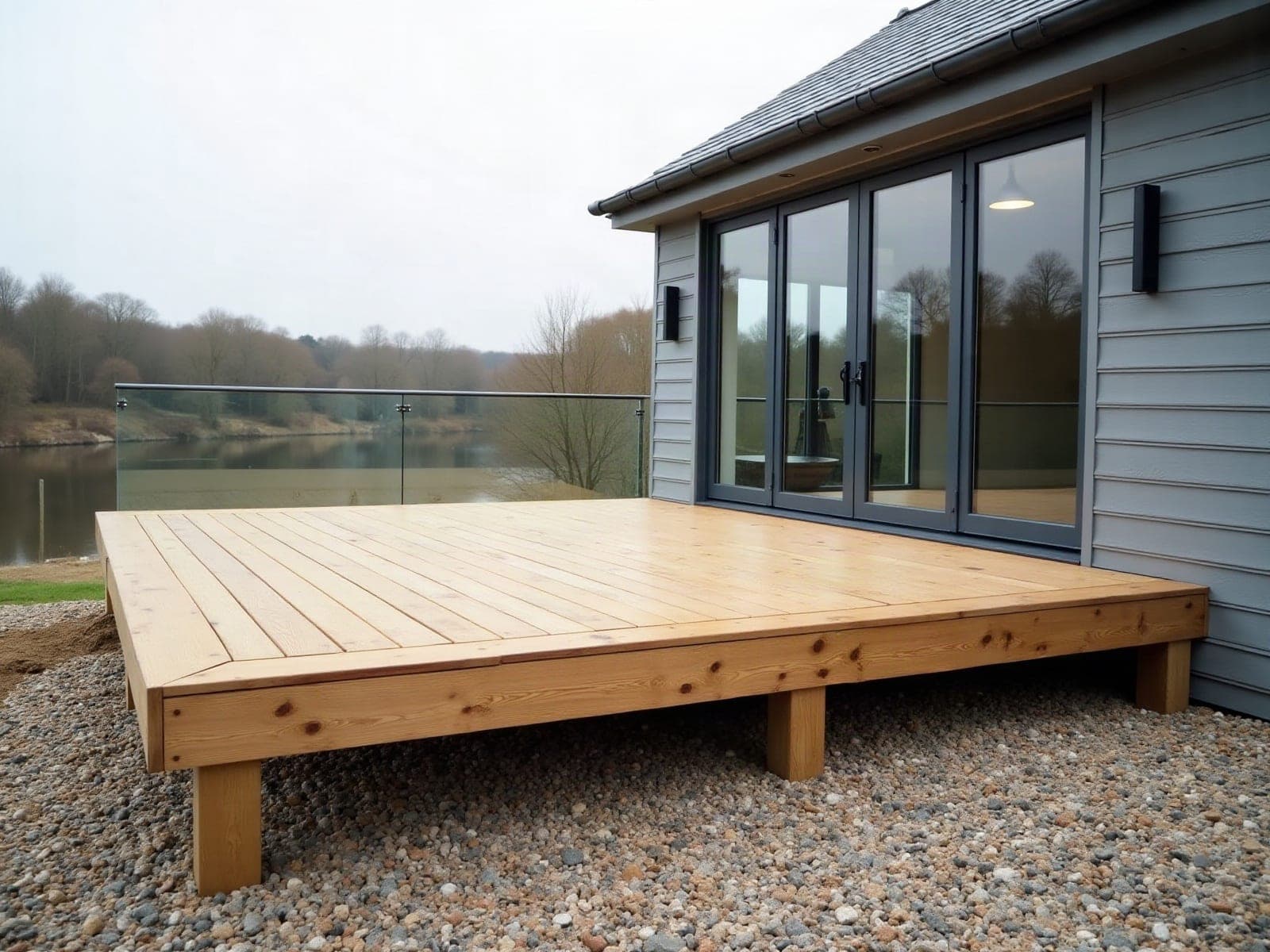 Terrasse en bois posée face à l'estuaire de l'Odet