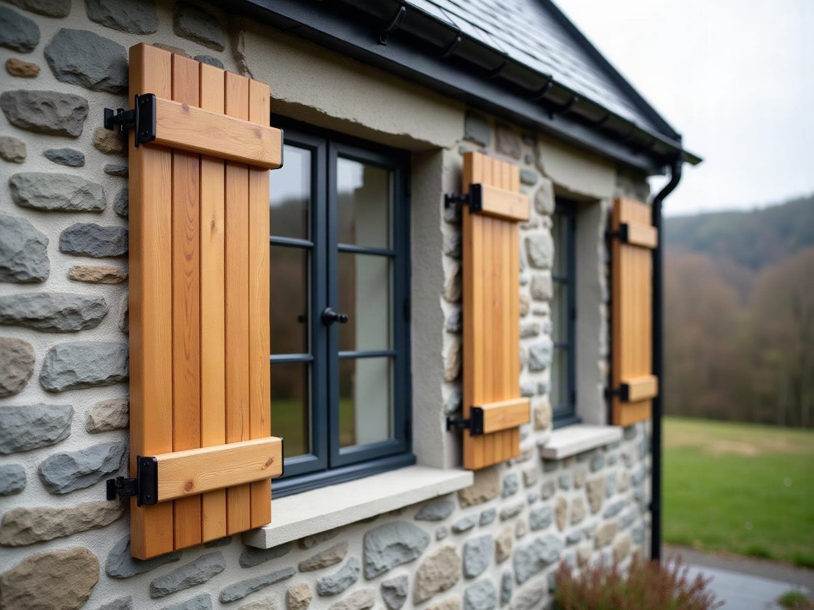 Volets bois renforcés posés sur une maison exposée au vent